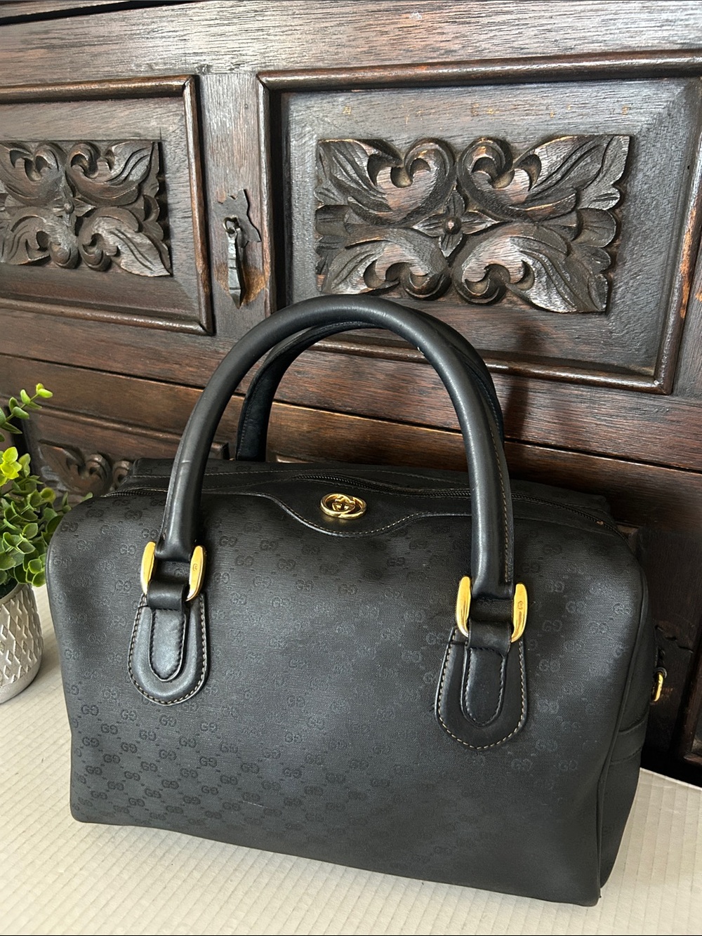 Beautiful Black Embossed Microguccissima Top-Handle Satchel with Gold Hardware